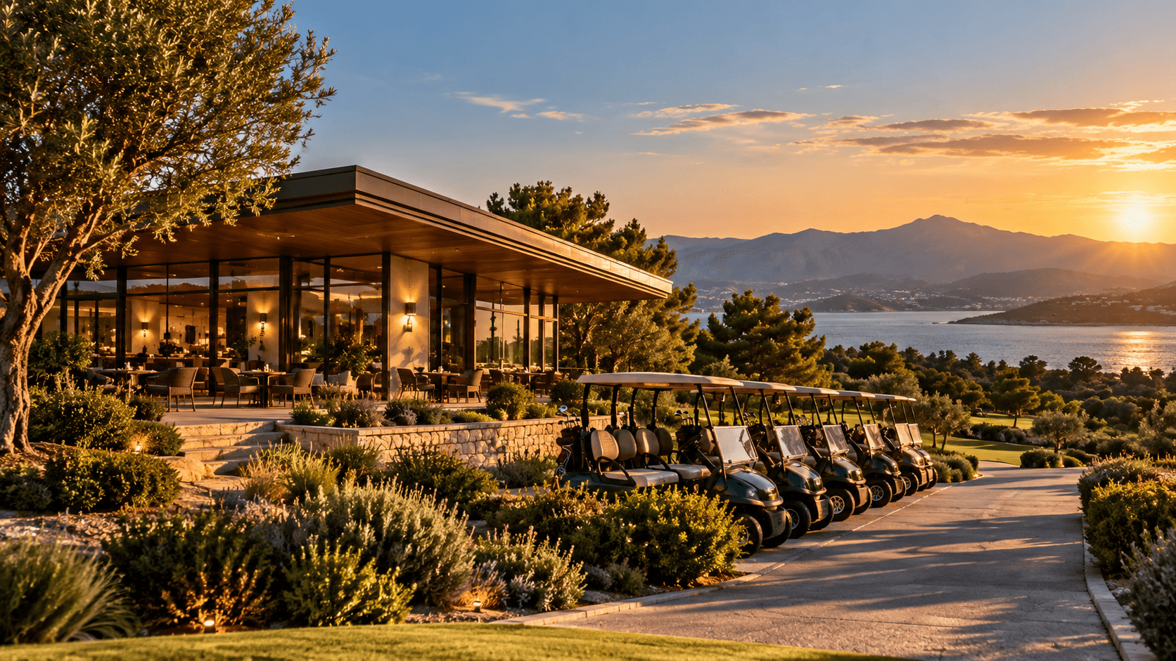 The modern clubhouse with its long flat roof and glowing glass, a row of carts and an olive tree in front